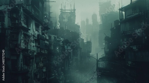 Close up photo of gloomy desolate dystopian cyberpunk city background