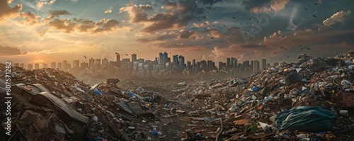 A photorealistic image of a city skyline choked by overflowing landfills, with mountains of trash reaching towards the polluted sky photo