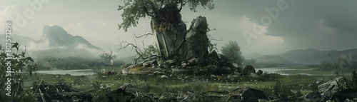 A photorealistic image of a war monument crumbling and overtaken by nature, signifying the impermanence of violence