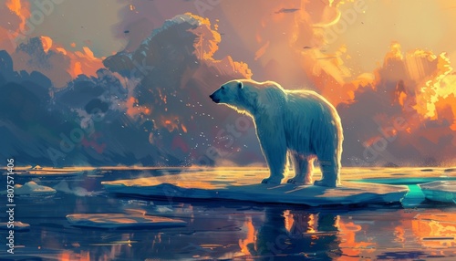 A powerful image of a lone polar bear standing on a melting ice floe, symbolizing the urgency of climate change action photo
