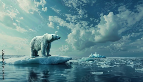 A powerful image of a lone polar bear standing on a melting ice floe  symbolizing the urgency of climate change action