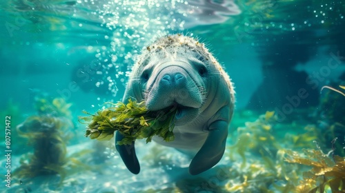 A manatee is a large, gentle marine mammal that lives in warm waters. They are herbivores and spend most of their time eating seagrass. photo