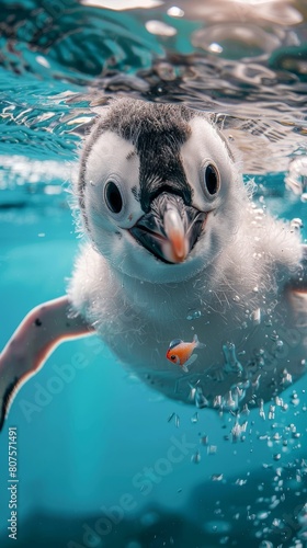 A penguin swimming in the ocean. The penguin is black and white with a yellow beak. It is swimming towards the camera. © MAY