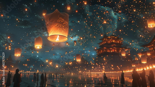 large group of people floating paper lanterns at night, with photo-realistic technique style, gongbi, glowing sky, installation-based, light yellow and bronze, capturing the essence of the moment photo