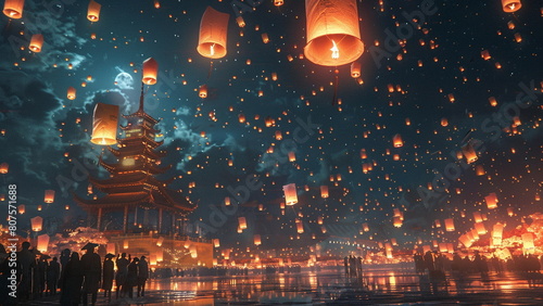 large group of people floating paper lanterns at night, with photo-realistic technique style, gongbi, glowing sky, installation-based, light yellow and bronze, capturing the essence of the moment