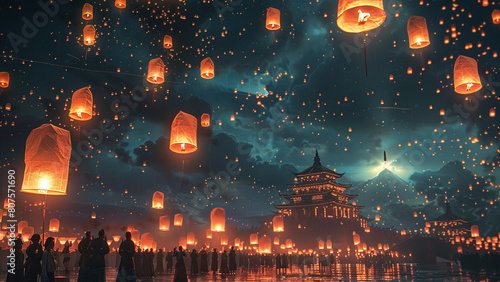 large group of people floating paper lanterns at night, with photo-realistic technique style, gongbi, glowing sky, installation-based, light yellow and bronze, capturing the essence of the moment