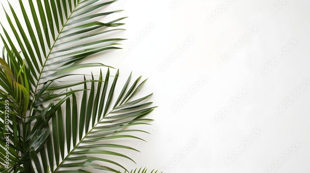 Dry tropical exotic palm leaves on white background. Flat lay, top view minimalist floral pattern aesthetic composition