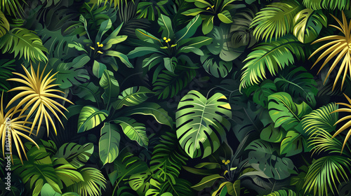 Vibrant forest scene of tropical trees  dense lush foliage pattern. Forest scene for eco-friendly background and sustainable net-zero emissions. Sustainable tropical forest and carbon neutrality.