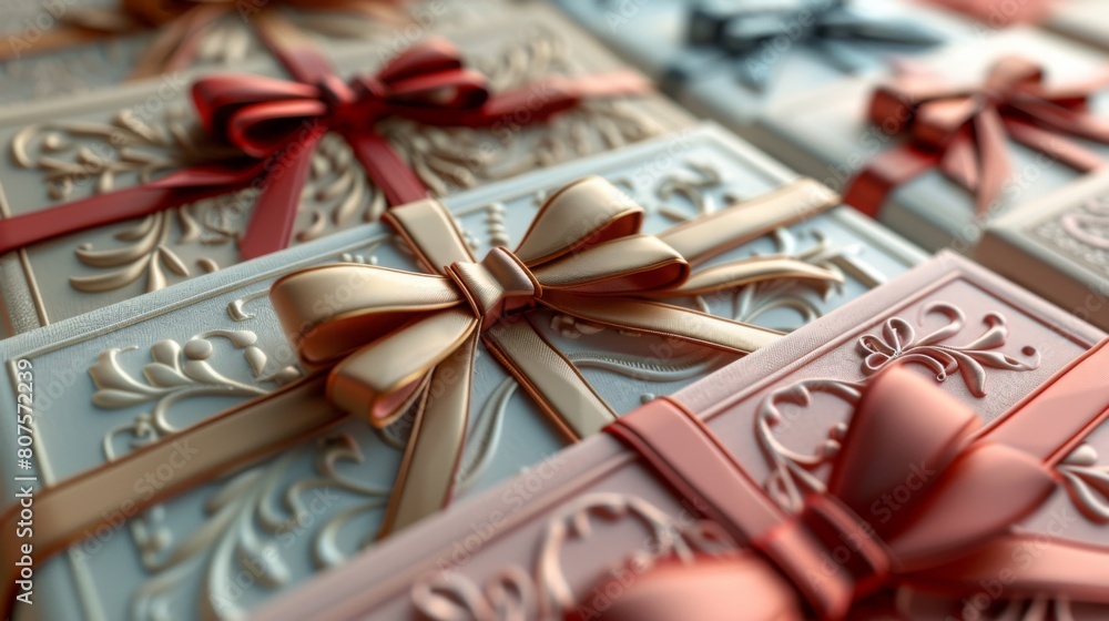 3D scene of gift vouchers arranged neatly in a row, each with a distinct, classy border design on a pale background. 3D scene of gift vouchers arranged neatly in a row, each with a distinct, classy border design on a pale background.