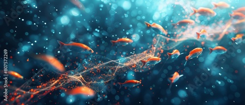 Digital visualization of a school of fish moving through data clouds representing strategic business analysis photo