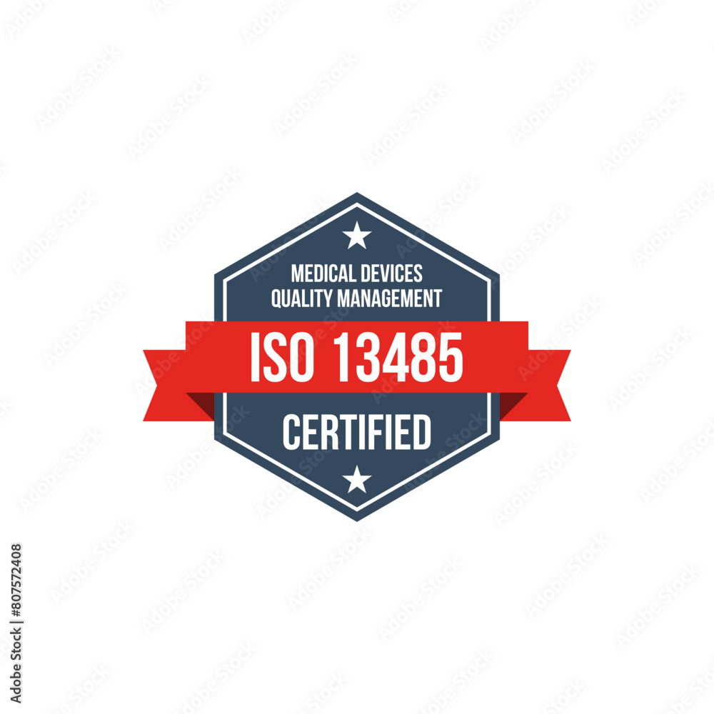 ISO 13485 medical devices quality management systems certified vector label, standard certificate badge, audit verification icon ISO 13485 medical devices quality management systems certified vector label, standard certificate badge, audit verification icon