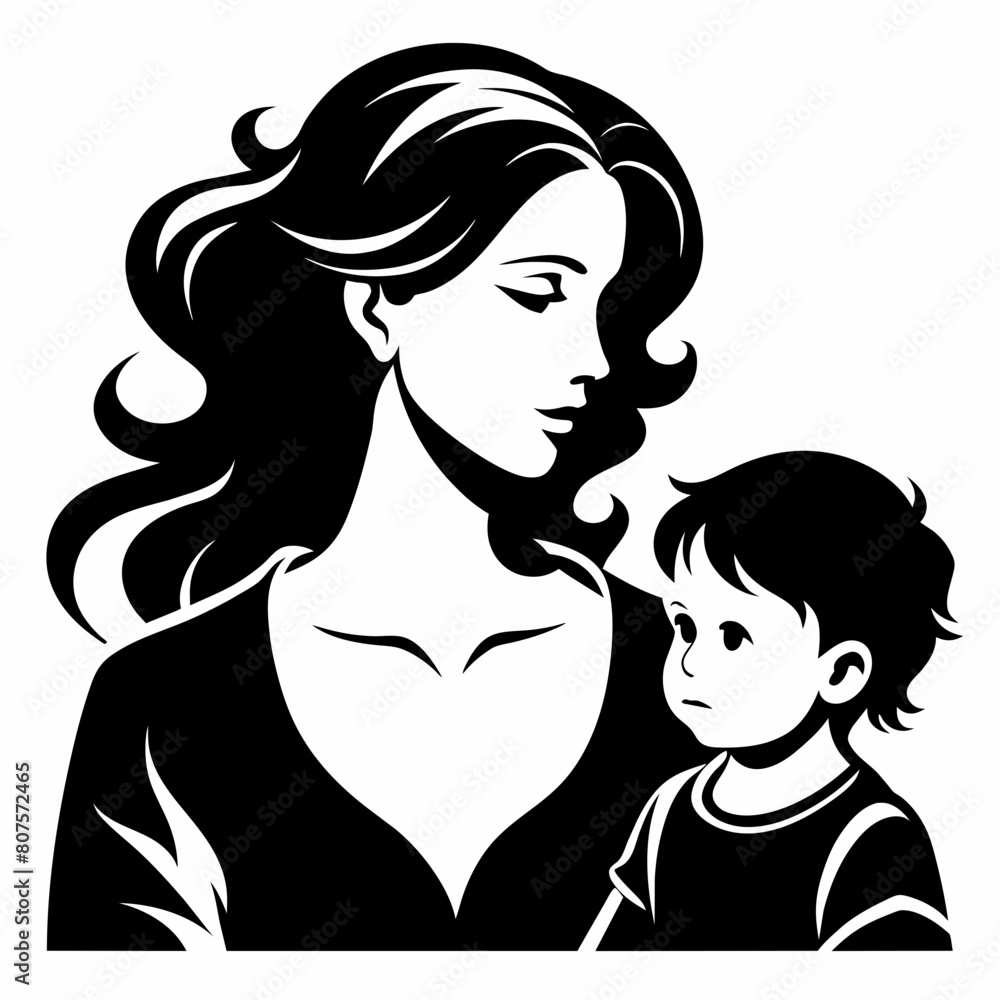Mom and child silhouette vector illustration on a white background Mom and child silhouette vector illustration on a white background