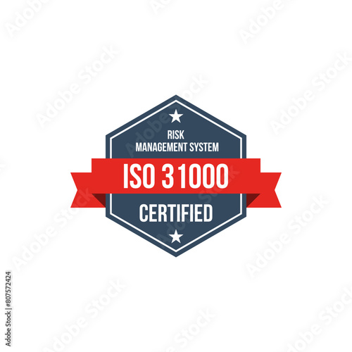 iso 31000 risk management system certified vector label, standard certificate badge, audit verification icon