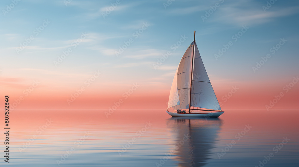 A sailboat is floating on a calm body of water, with a beautiful pink