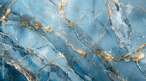 Vibrant cerulean silver marble design with golden lines reflecting high-end luxurious stone style