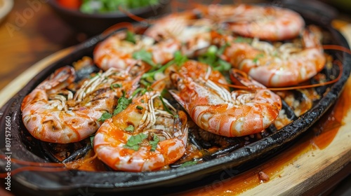 Sizzling hot shrimp on a cast iron plate, garnished with herbs, showcasing a delicious seafood meal. Created with Generative AI