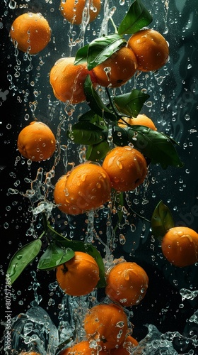 A photo of fresh, juicy oranges suspended in mid-air