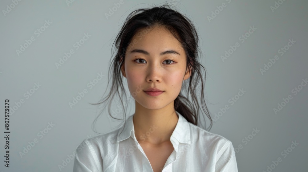 Diversity in the Workplace, A real photo showcasing diversity and inclusion in the workplace with a young Asian woman representing professionalism against a white studio backdrop. Diversity in the Workplace, A real photo showcasing diversity and inclusion in the workplace with a young Asian woman representing professionalism against a white studio backdrop.