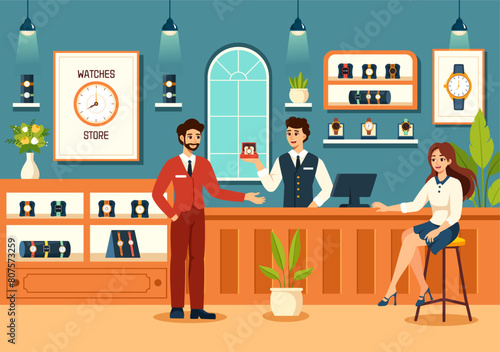 Watches Store Vector Illustration with Presentation of Stylish Wristwatch Collection Various Models, Analog and Digital in Flat Cartoon Background