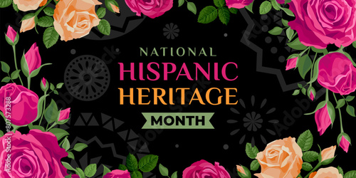 Hispanic heritage month. Vector web banner, poster, card for social media, networks. Greeting with national Hispanic heritage month text, roses on black background with orange, yellow color