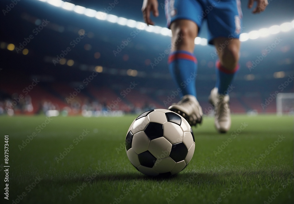 legs of a soccer player and ball, inside a stadium