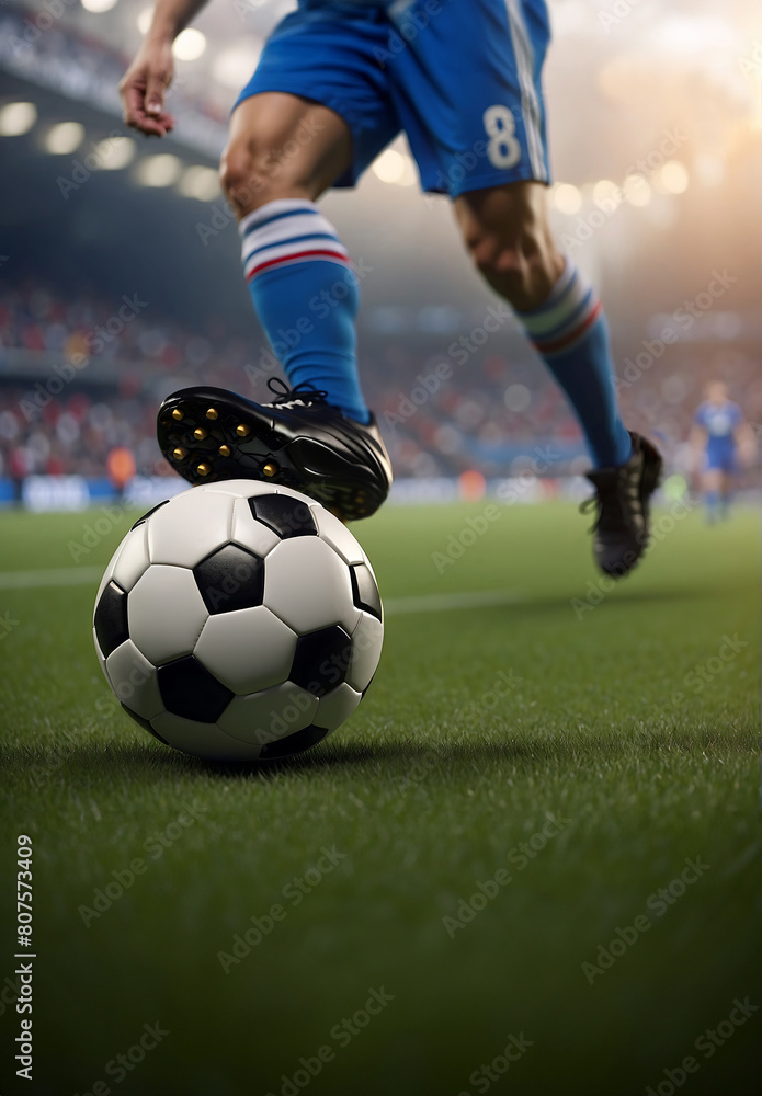 legs of a soccer player and ball, inside a stadium