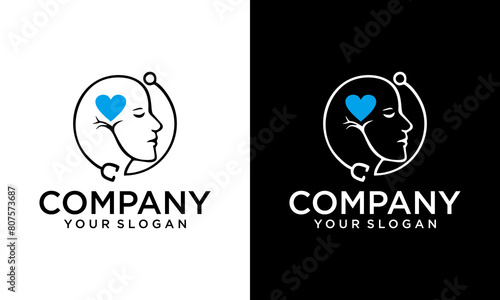 Creative Mental health logo design. Psychotherapy symbol concept. Human head with stethoscope graphic design vector illustration.