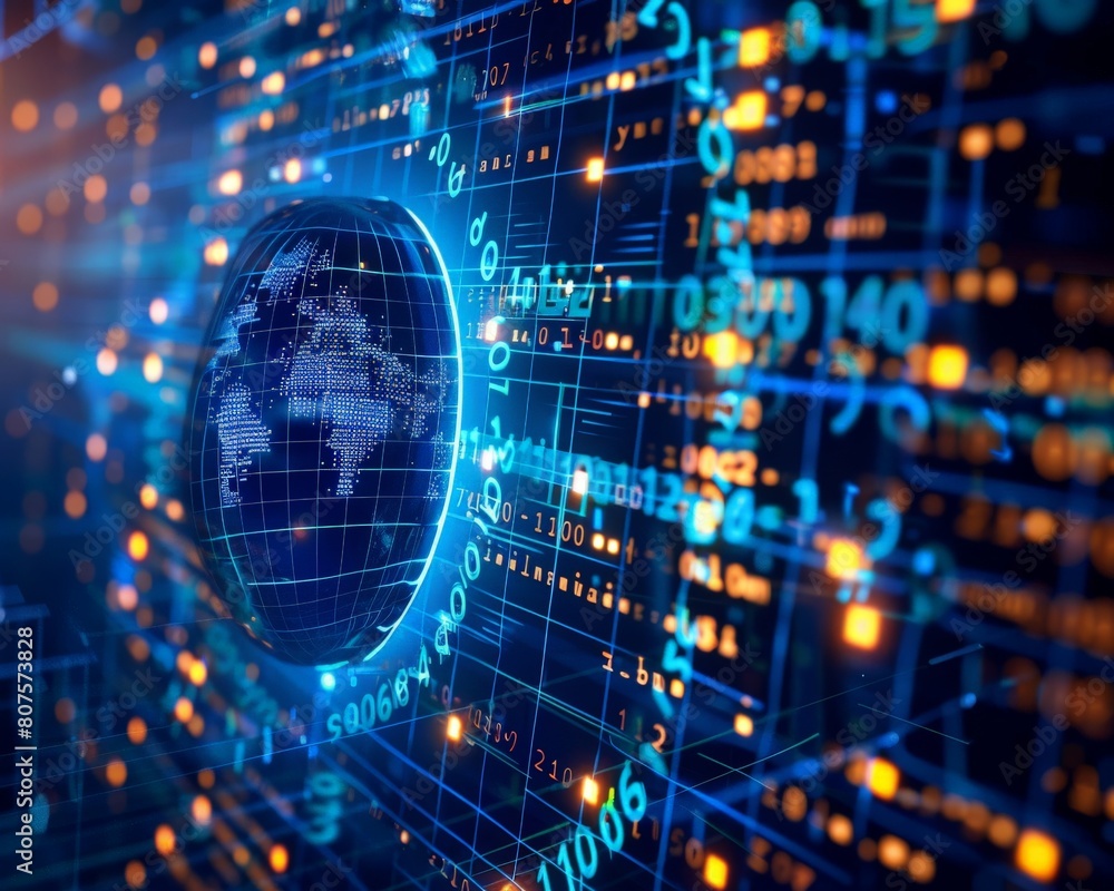 Binary code forming a shield around a digital globe, representing the power of code in protecting global networks Binary code forming a shield around a digital globe, representing the power of code in protecting global networks