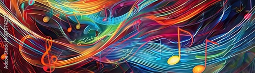 Colorful musical notes swirling together in a cohesive melody, representing the harmonious blend of sounds in music photo