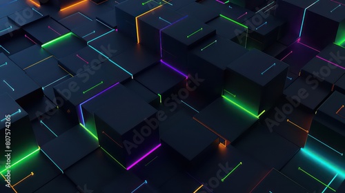 Futuristic 3D Geometric Cubes Shapes with Colorful Neon Lights on Dark Background, Abstract 3D Geometric Cubes Shapes with Colorful Neon Lights Background. photo