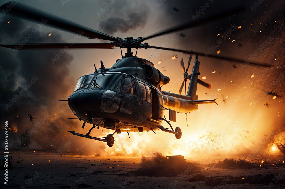 Helicopter escaping a fiery explosion in dramatic sunset Helicopter escaping a fiery explosion in dramatic sunset