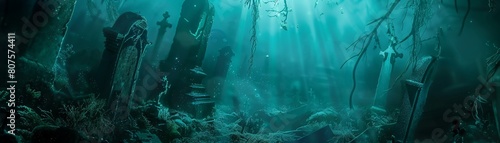 Dive into eerie depths with a chilling long shot of a submerged graveyard