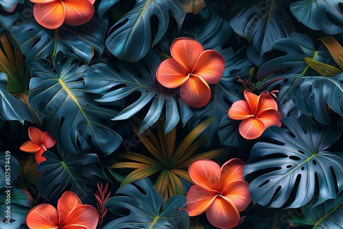 An array of vivid blooms  over a pale backdrop with a lovely orange floral design wallpaper encompassing green foliages and space  Generative AI.