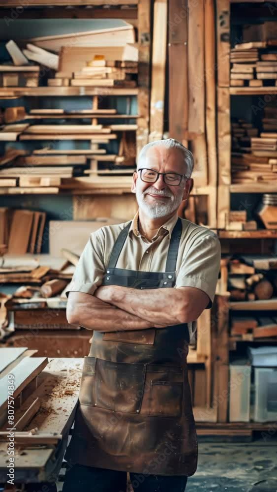A portrait of smiling male carpenter standing in front of his woodwork workshop A portrait of smiling male carpenter standing in front of his woodwork workshop