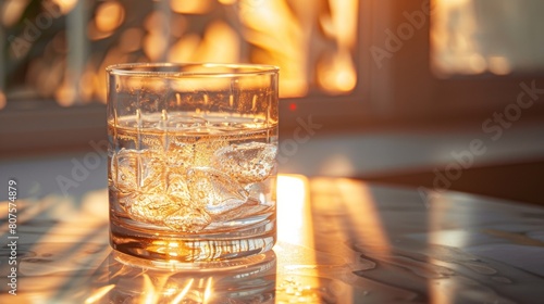 Effervescent Glow - A glass of sparkling water with light passing through, creating a radiant glow on a minimalist table.