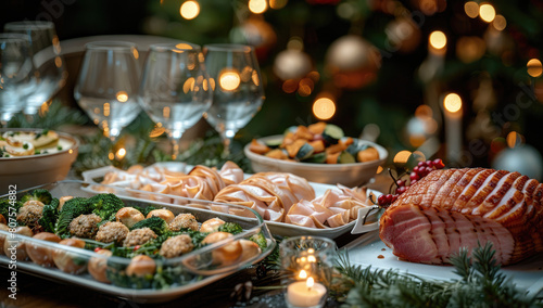A festive Christmas dinner table with an array of traditional dishes, including ham and marvels mixed with deviled eggs and salad. Created with Ai photo