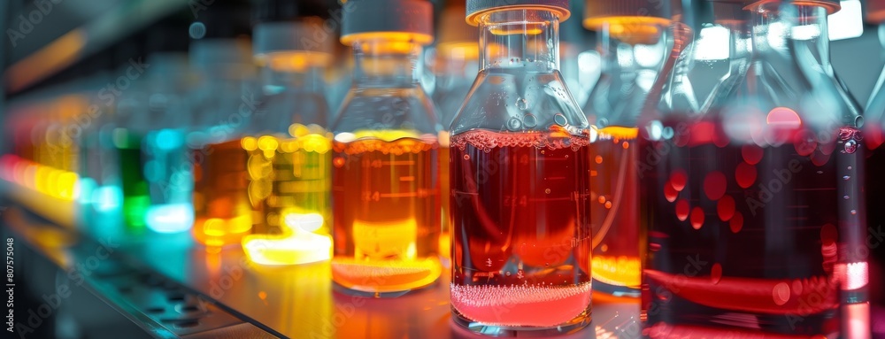 Rows of flasks containing different colored cell cultures, illuminated by a futuristic laboratory overhead light Rows of flasks containing different colored cell cultures, illuminated by a futuristic laboratory overhead light
