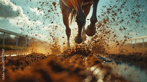 Enjoyable horse racing wager action view from a low vantage point consisting of competitive hoofed legs in motion, vast blue sky, and earth rupture and space, Generative AI. photo