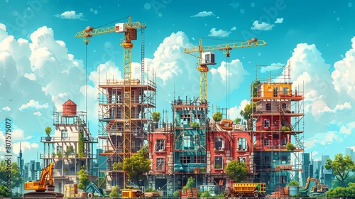 Many construction engineers are helping to build the structure and have many machines.