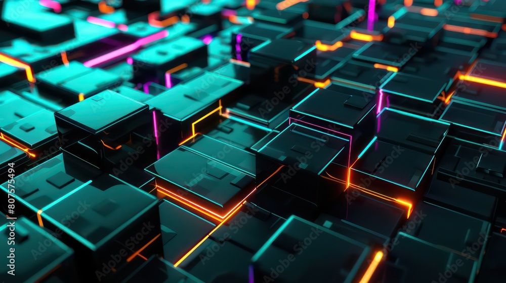Fototapeta premium Futuristic 3D Geometric Cubes Shapes with Colorful Neon Lights on Dark Background, Abstract 3D Geometric Cubes Shapes with Colorful Neon Lights Background.