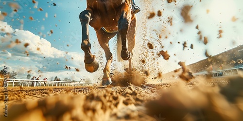 Enjoyable horse racing wager action view from a low vantage point consisting of competitive hoofed legs in motion, vast blue sky, and earth rupture and space, Generative AI.