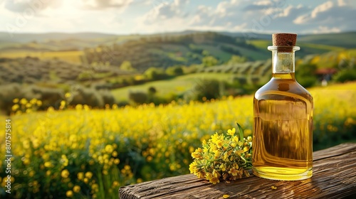 A wooden table with an array of rapeseed blossoms and a glass bottle comprising rapeseed oil is set over a setting of yellow fields blooming lovely and space, Generative AI.