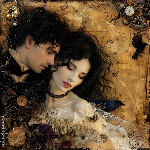 Romantic portrait of a couple in love, with Victorian-era influences and a touch of fantasy.
