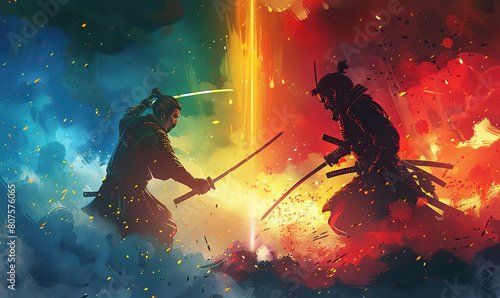 A mystical samurai warrior enveloped in swirling colors and dynamic brush strokes. generate AI