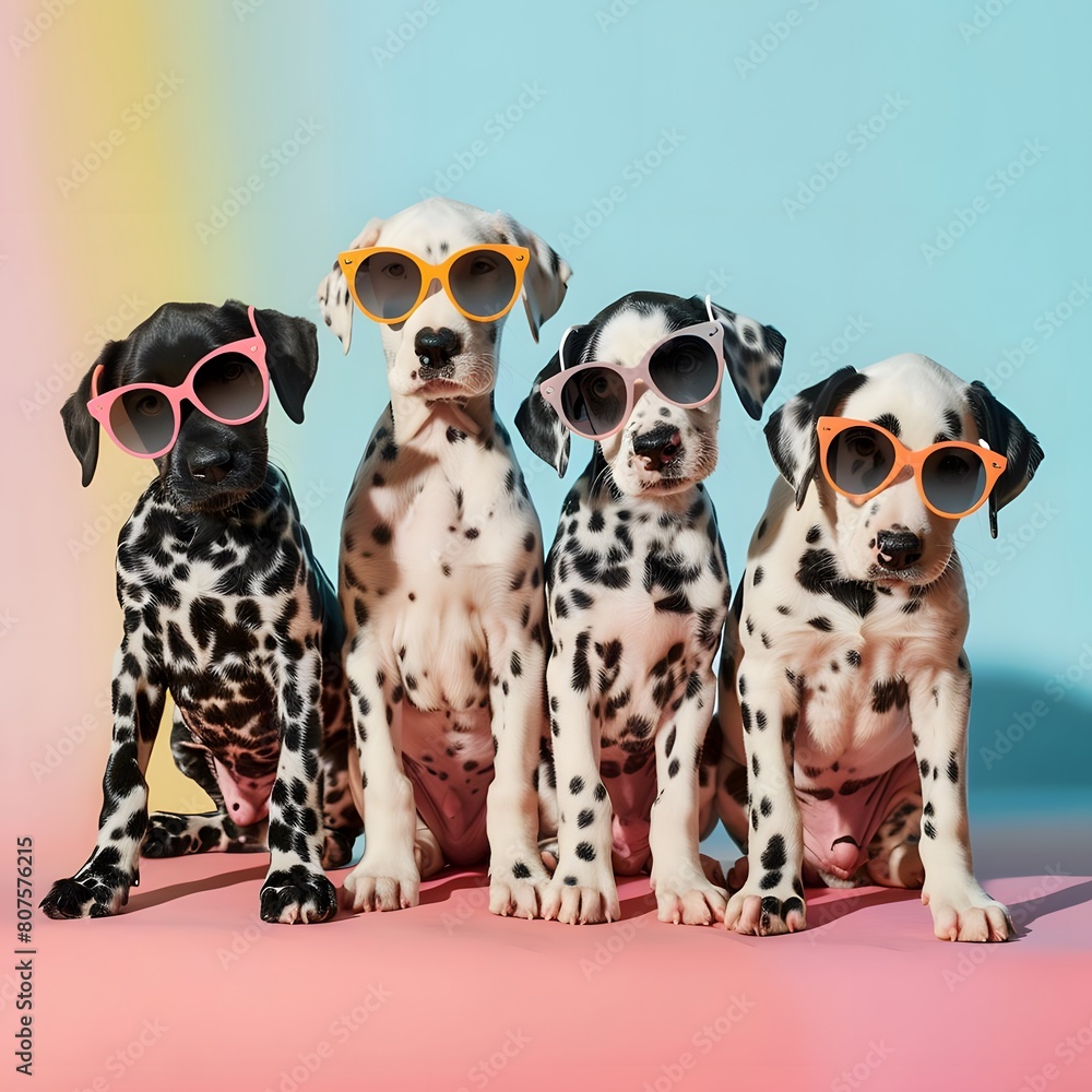 Playful Dalmatian puppies wearing sunglasses, posing together on a pastel background.