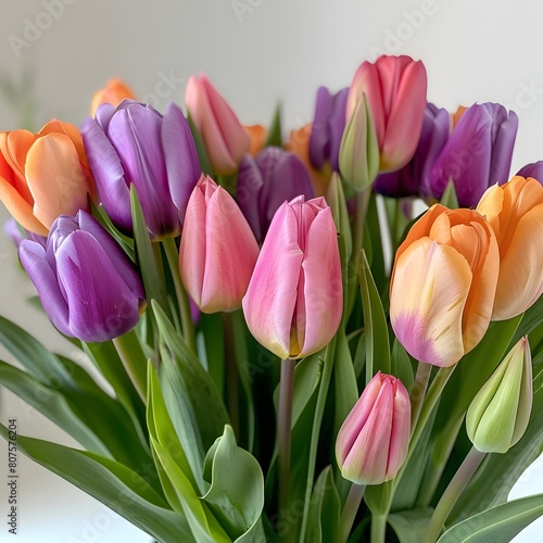 Colorful bouquet of mixed tulips with leaves  arranged in a beautiful floral arrangement.