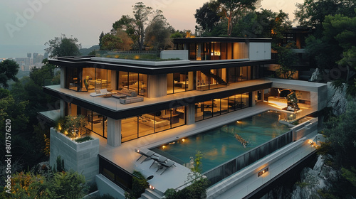 Luxurious estate features floor-to-ceiling glass and steel architecture  seamlessly integrating three infinity pools with panoramic views. Generative AI.