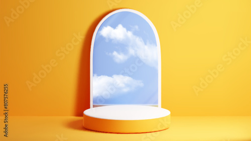 3d mirror product podium background with blue sky. Yellow display platform render for cosmetic showcase with arch. Minimal realistic circle stand and wall in empty room. Modern mockup for presentation