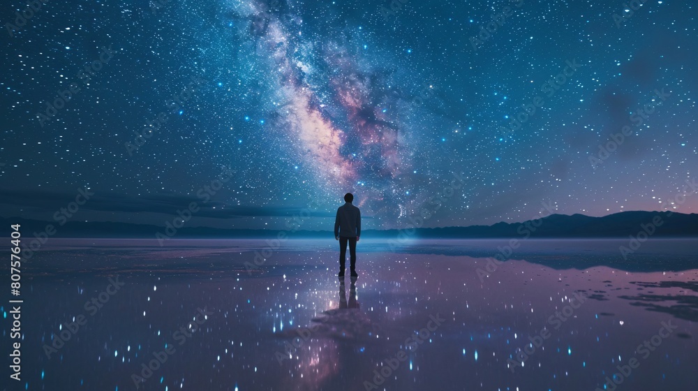 A person is standing in the middle of a vast body of water