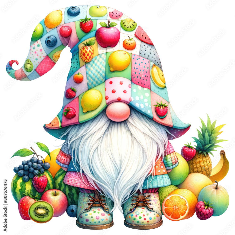 A cute cartoon gnome with a hat made of fruits and a big white beard. He is surrounded by fruits and has a friendly smile on his face.
